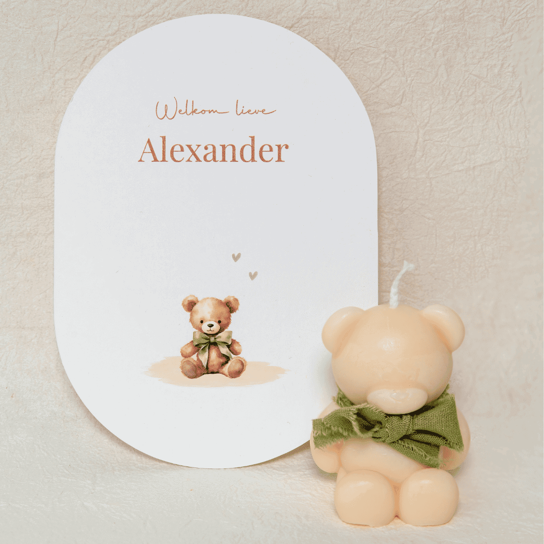 Geboortekaartje met naam Alexander en knuffelbeer voor baby.