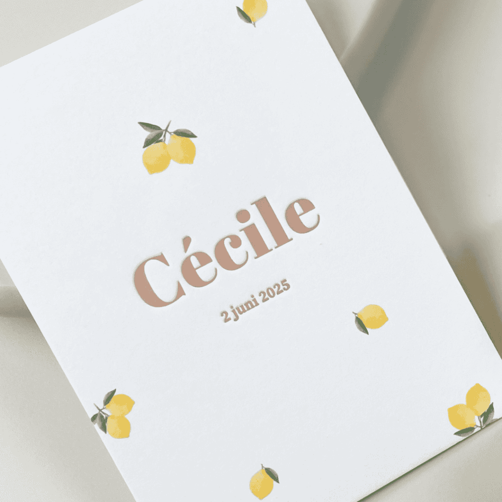 Geboortekaartje met citroenen en naam Cécile, geboortedatum 2 juni 2025.