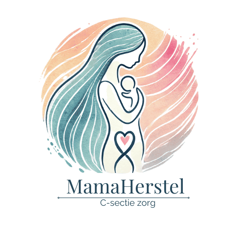 Illustratie van moeder met baby na een keizersnede, symboliseert herstel en zorg.